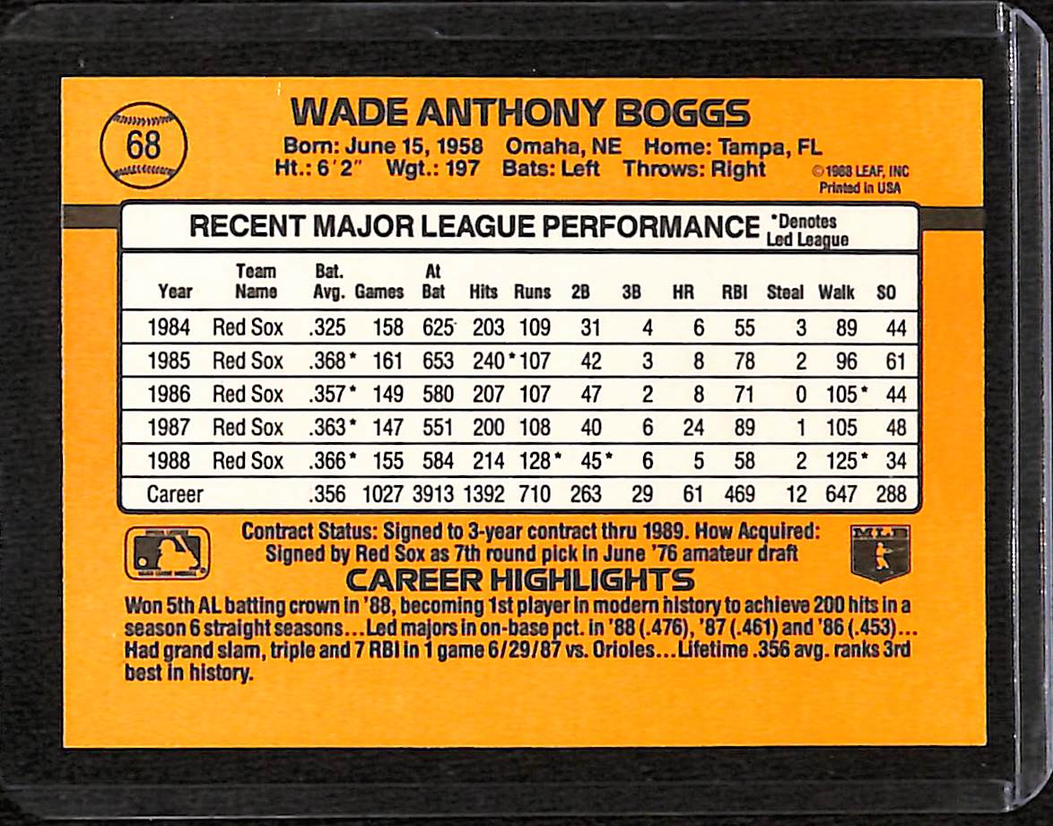 FIINR Baseball Card 1989 Donruss Wade Boggs Baseball Error Card #68 -Error Card - Mint Condition