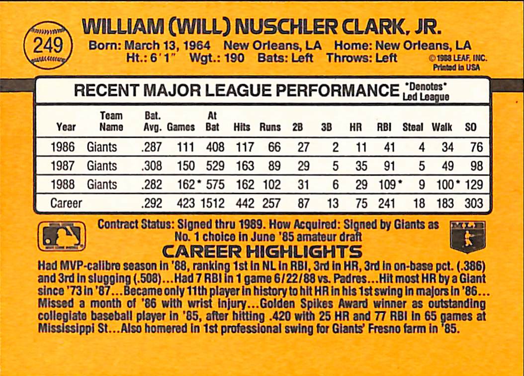FIINR Baseball Card 1989 Donruss Will Clark Vintage MLB Baseball Player Card #249 - Mint Condition