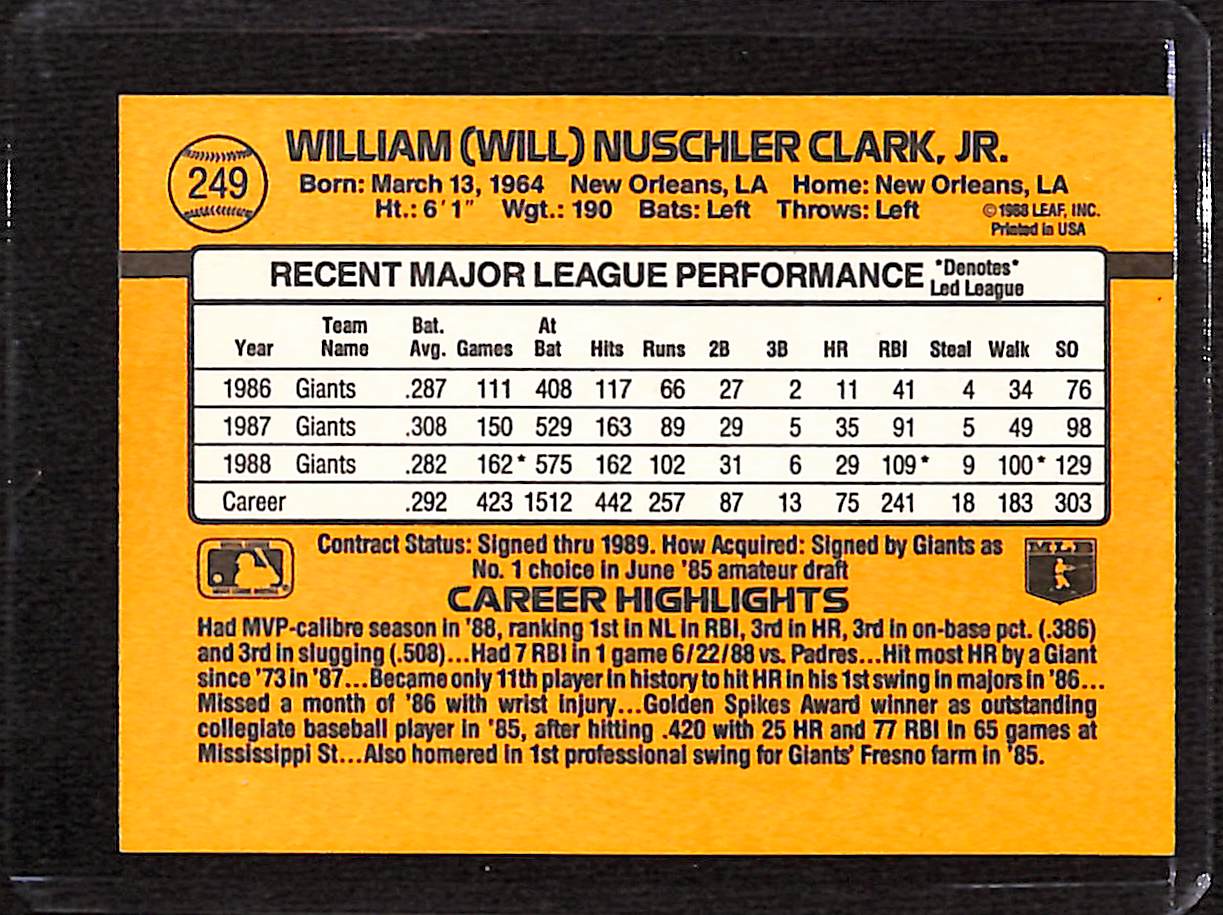 FIINR Baseball Card 1989 Donruss Will Clark Vintage MLB Baseball Player Card #249 - Mint Condition
