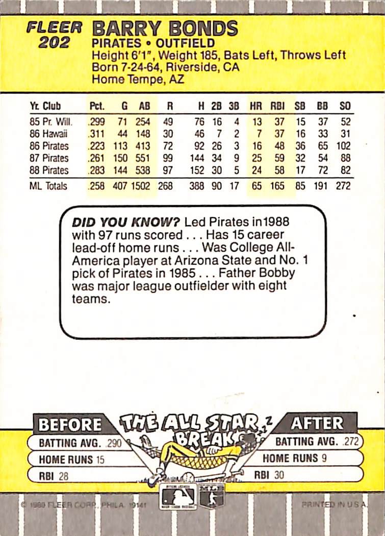 FIINR Baseball Card 1989 Fleer Barry Bonds Baseball Card #202 - Mint Condition