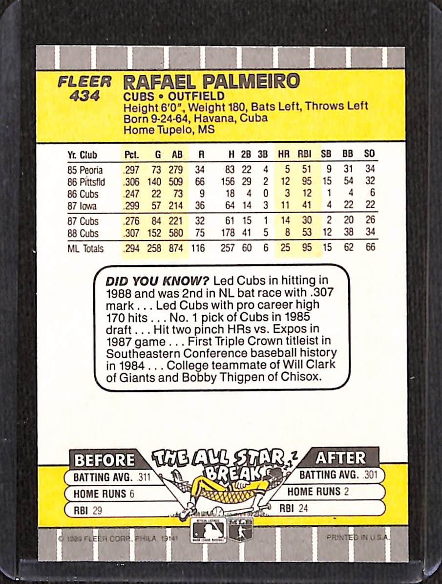 FIINR Baseball Card 1989 Fleer Rafael Palmeiro Vintage MLB Baseball Card #434 - Mint Condition