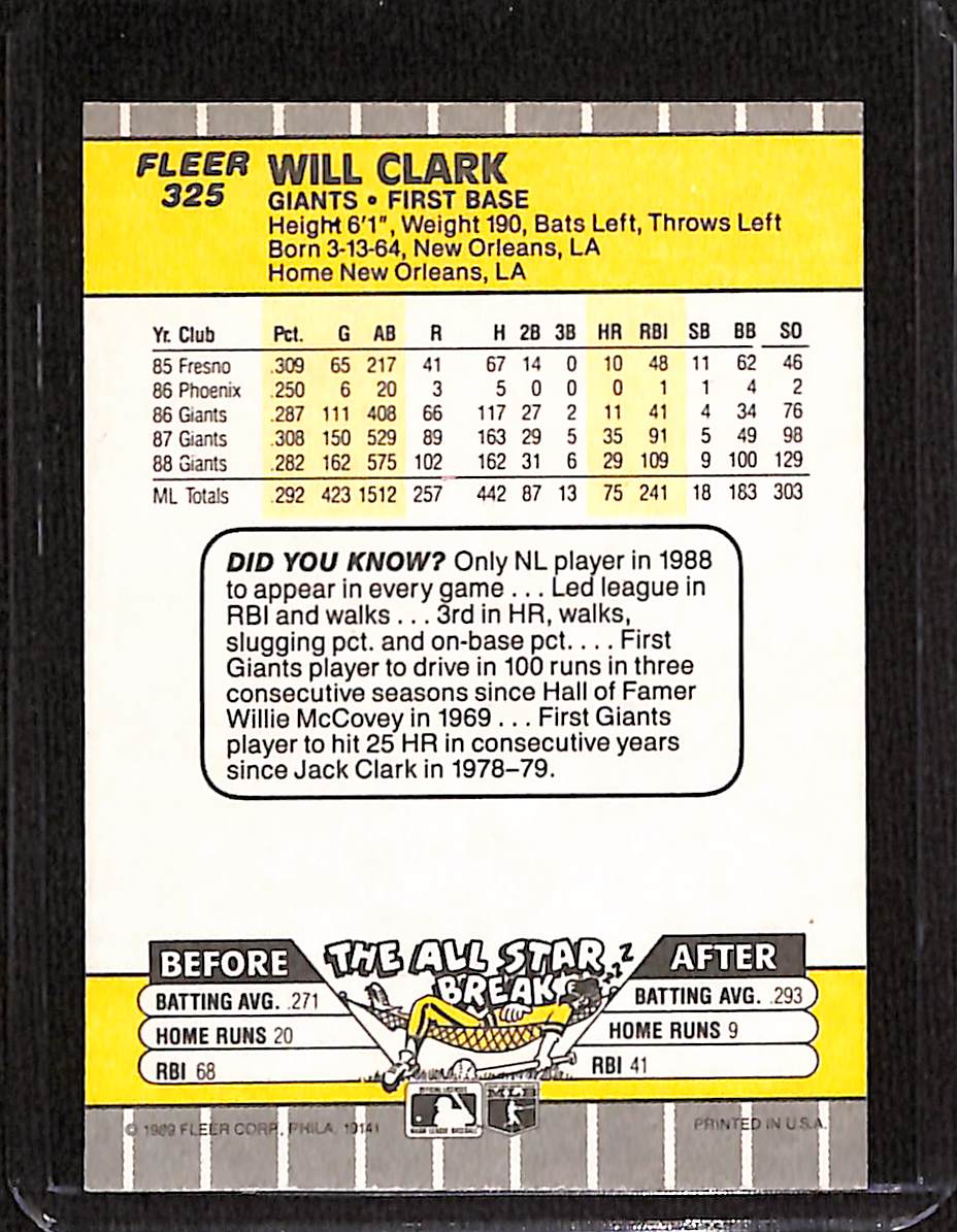 FIINR Baseball Card 1989 Fleer Will Clark Vintage MLB Baseball Player Error Card #325 - Error Card - Mint Condition