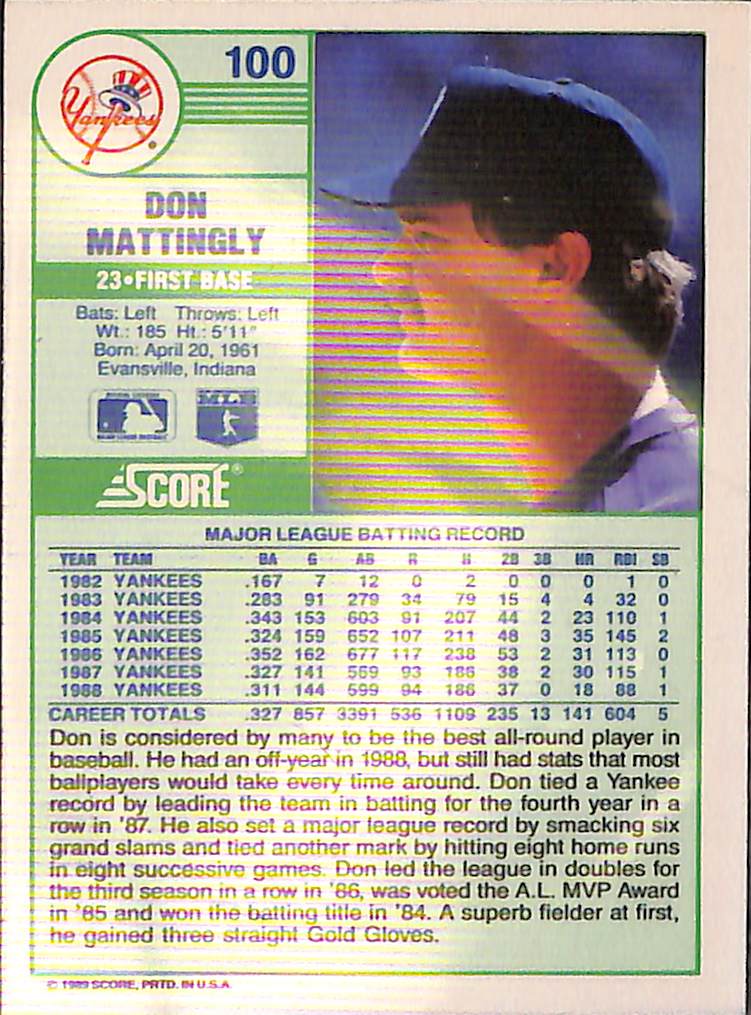 FIINR Baseball Card 1989 Score Deck Don Mattingly MLB Baseball Card #100 - Mint Condition