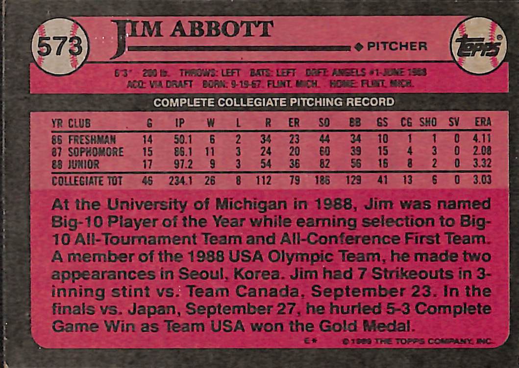 FIINR Baseball Card 1989 Topps #1 Draft Pick Jim Abbott Baseball Card #573 - Rookie Card - Mint Condition
