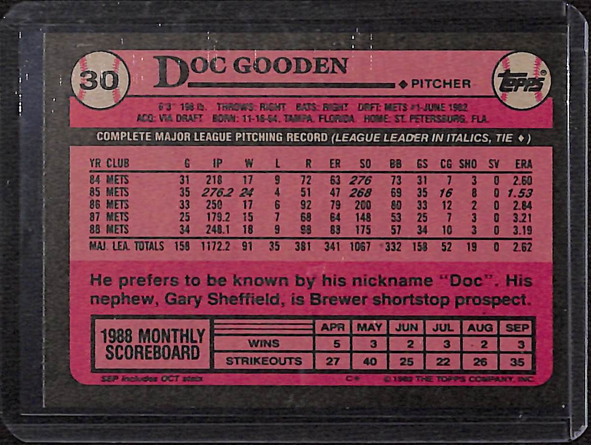 FIINR Baseball Card 1989 Topps Dwight "Doc" Gooden MLB Vintage Baseball Card #30 - Mint Condition