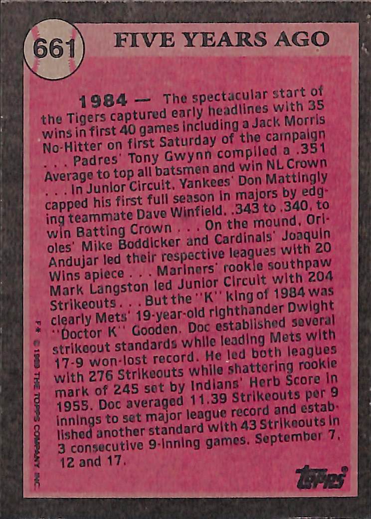 FIINR Baseball Card 1989 Topps Dwight Gooden "Doc" MLB Vintage Baseball Card #661 Turn Back The Clock - Mint Condition
