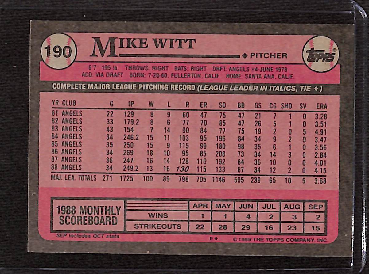 FIINR Baseball Card 1989 Topps Mike Witt Vintage MLB Baseball Card #190 - Mint Condition