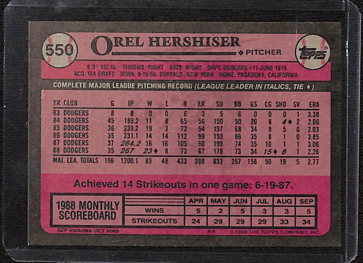 FIINR Baseball Card 1989 Topps Orel Hershiser Vintage Baseball Card #550 - Mint Condition