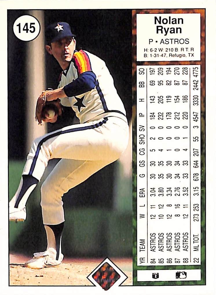 FIINR Baseball Card 1989 Upper Deck Nolan Ryan Rangers Baseball Card #145 - Mint Condition