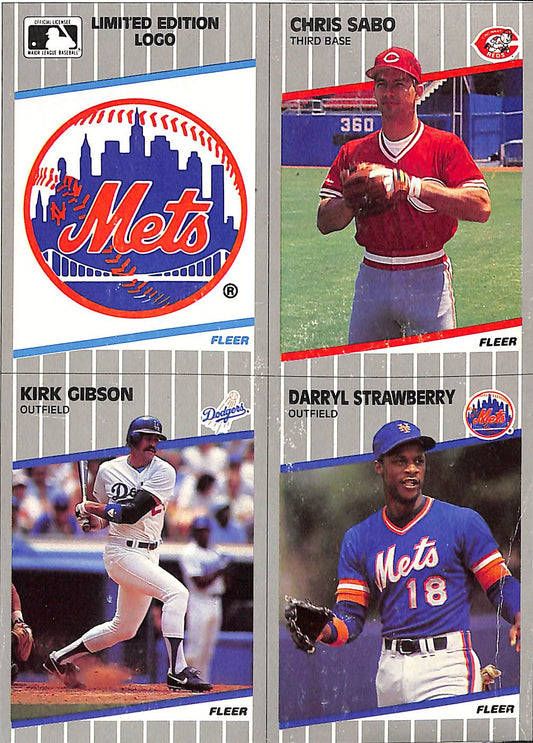 FIINR Baseball Card 1989 Vintage Fleer Wax Box Bottom of Uncut Cards - Chris Sabo - Kirk Gibson - Darryl Strawberry - Rare Mets logo