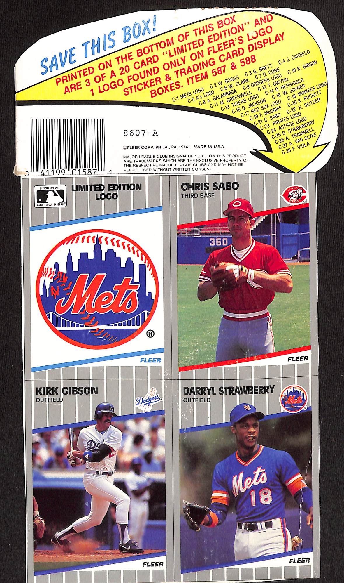 FIINR Baseball Card 1989 Vintage Fleer Wax Box Bottom of Uncut Cards - Chris Sabo - Kirk Gibson - Darryl Strawberry - Rare Mets logo