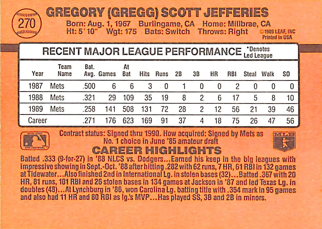 FIINR Baseball Card 1990 Donrus Gregg Jeffries MLB Baseball Error Card #270 - Error Card - Mint Condition