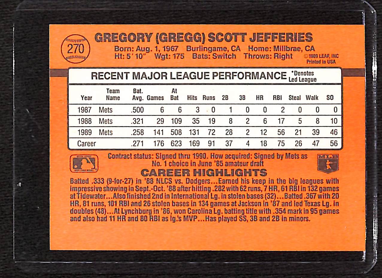 FIINR Baseball Card 1990 Donrus Gregg Jeffries MLB Baseball Error Card #270 - Error Card - Mint Condition