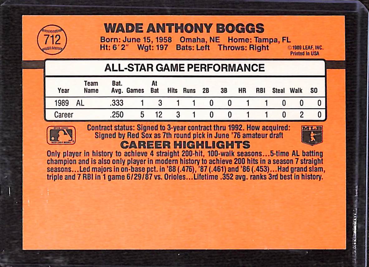 FIINR Baseball Card 1990 Donruss All-Star Wade Boggs MLB Error Baseball Card #712- Error Card - Mint Condition