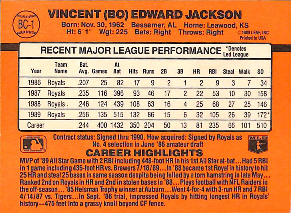FIINR Baseball Card 1990 Donruss Bo Jackson All Star Baseball Card Royals #61 - Error Card - Mint Condition