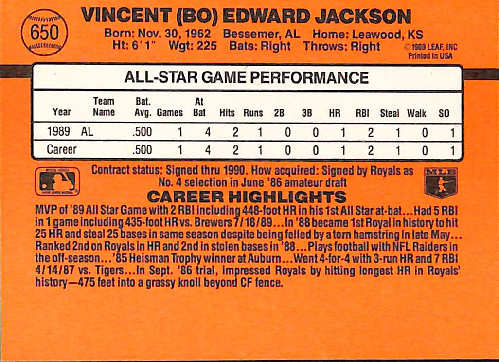 FIINR Baseball Card 1990 Donruss Bo Jackson All-Star Baseball Card Royals #61 - Error Card - Mint Condition