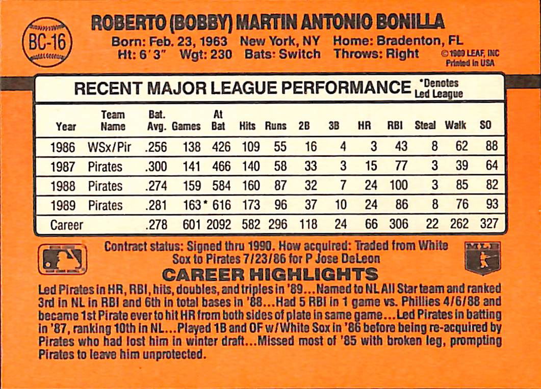 FIINR Baseball Card 1990 Donruss Bobby Bonilla Baseball Error Card #BC-16 - Error Card - Mint Condition