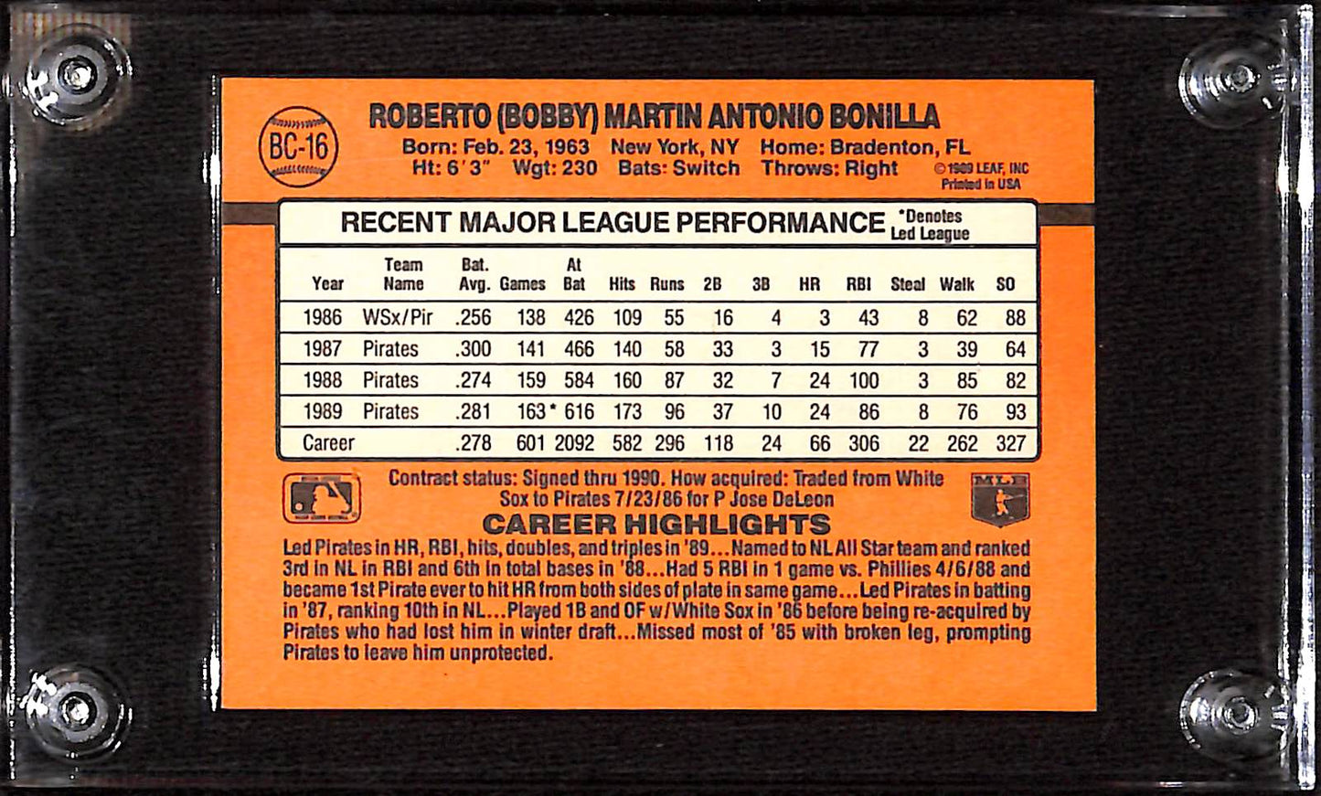 FIINR Baseball Card 1990 Donruss Bobby Bonilla Baseball Error Card #BC-16 - Error Card - Mint Condition