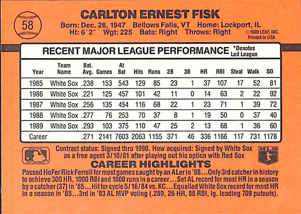 FIINR Baseball Card 1990 Donruss Carlton Fisk MLB Baseball Card #58 - Mint Condition