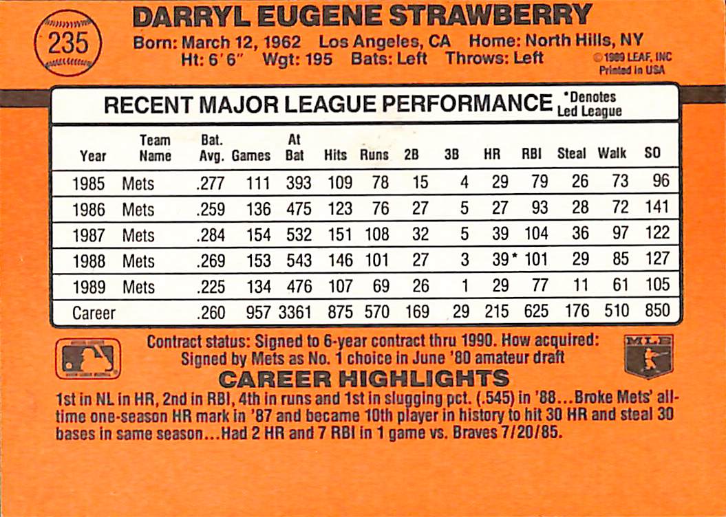 FIINR Baseball Card 1990 Donruss Darryl Strawberry Error Baseball Card #235 - Error Card - Mint Condition
