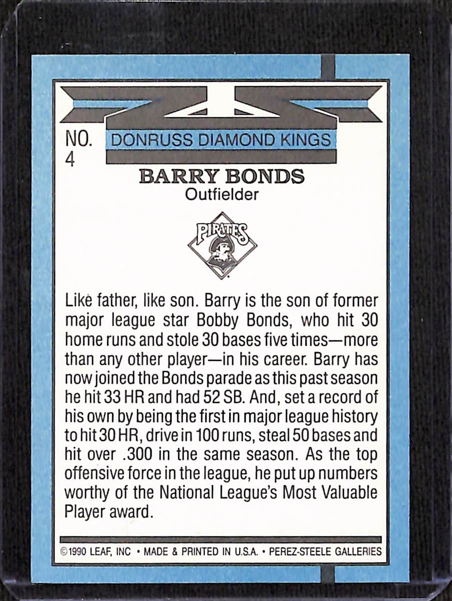 FIINR Baseball Card 1990 Donruss Diamond Kings Barry Bonds Baseball Error Card #4 - Mint Condition