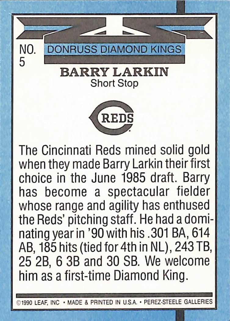 FIINR Baseball Card 1990 Donruss Diamond Kings Barry Larkin MLB Baseball Error Card #5 - Error Card - Mint Condition