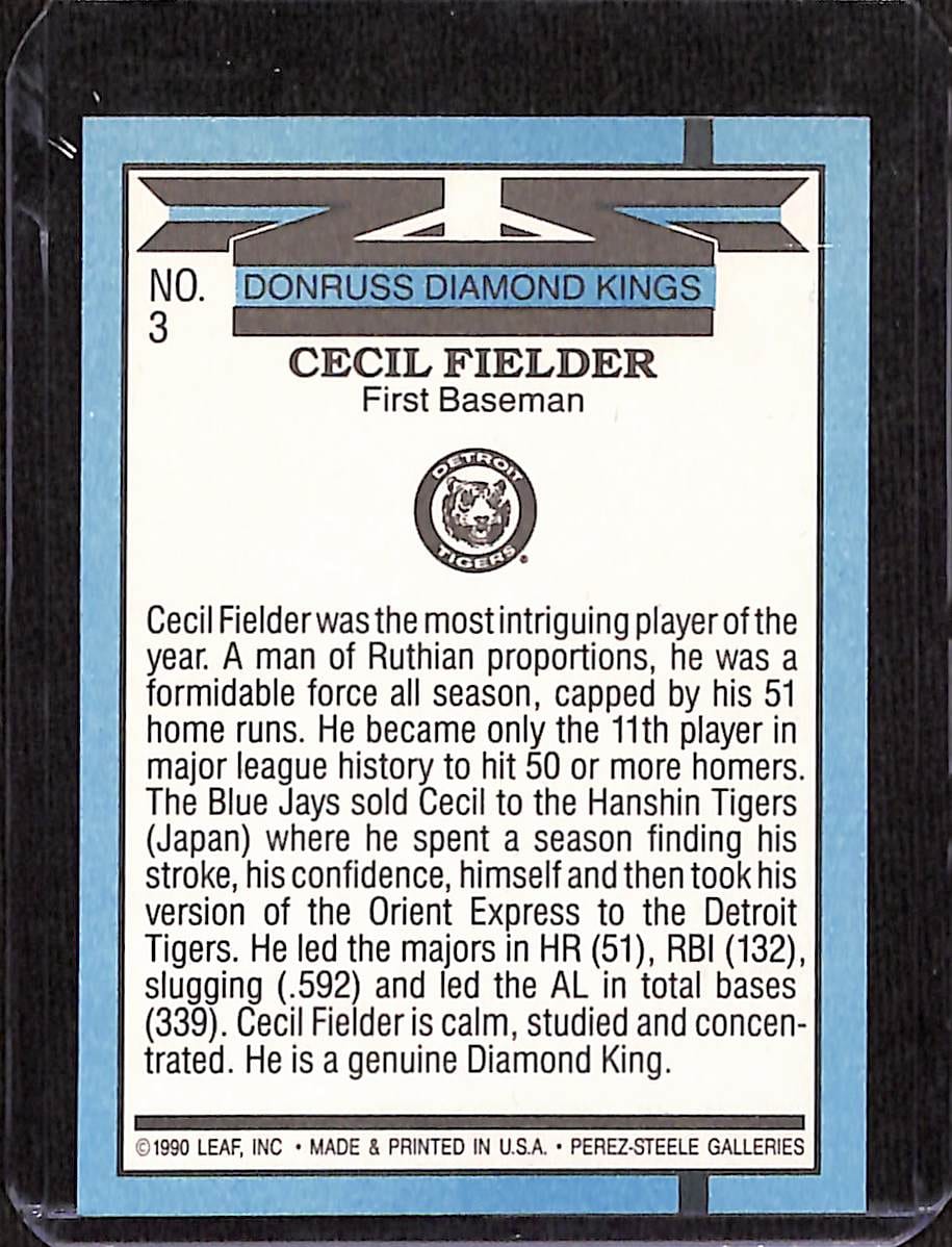 FIINR Baseball Card 1990 Donruss Diamond Kings Cecil Fielder MLB Baseball Error Card #3 - Error Card - Mint Condition
