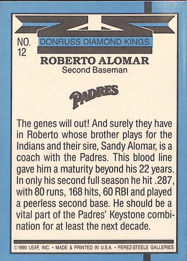 FIINR Baseball Card 1990 Donruss Diamond Kings Roberto Alomar MLB Baseball Card #12 - Mint Condition