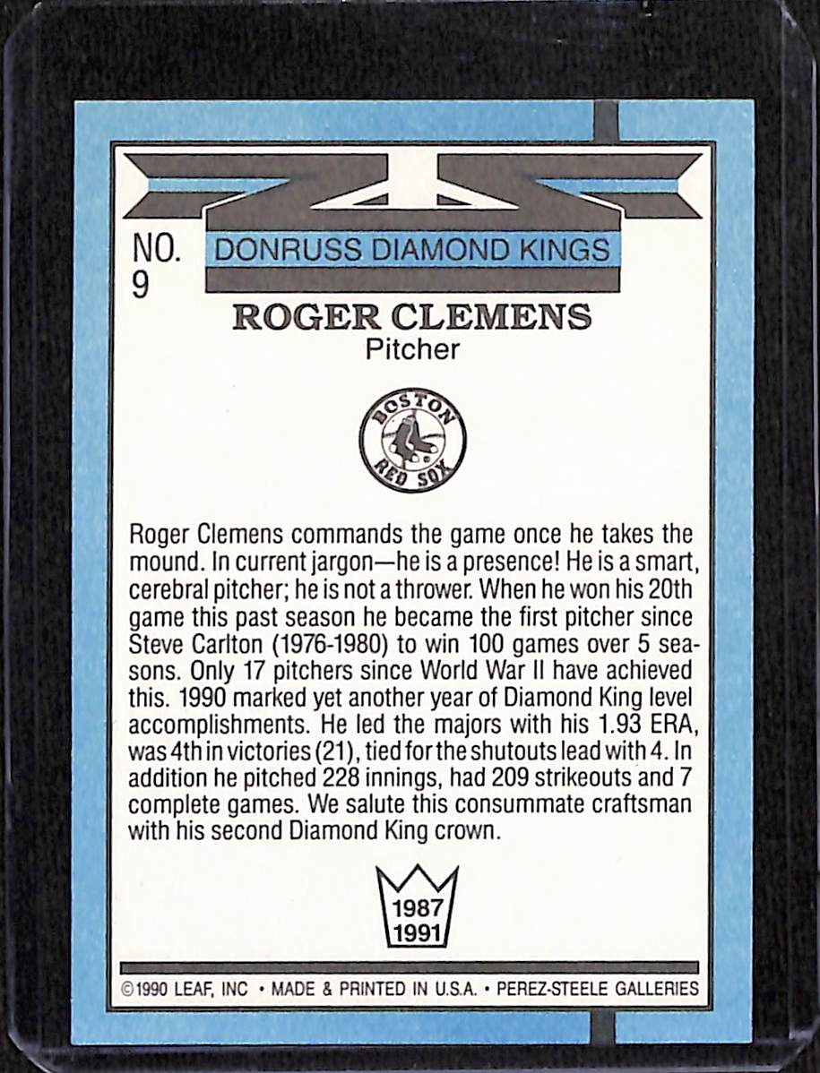 FIINR Baseball Card 1990 Donruss Diamond Kings Roger Clemens Baseball Error Card #9 - Error Card - Mint Condition