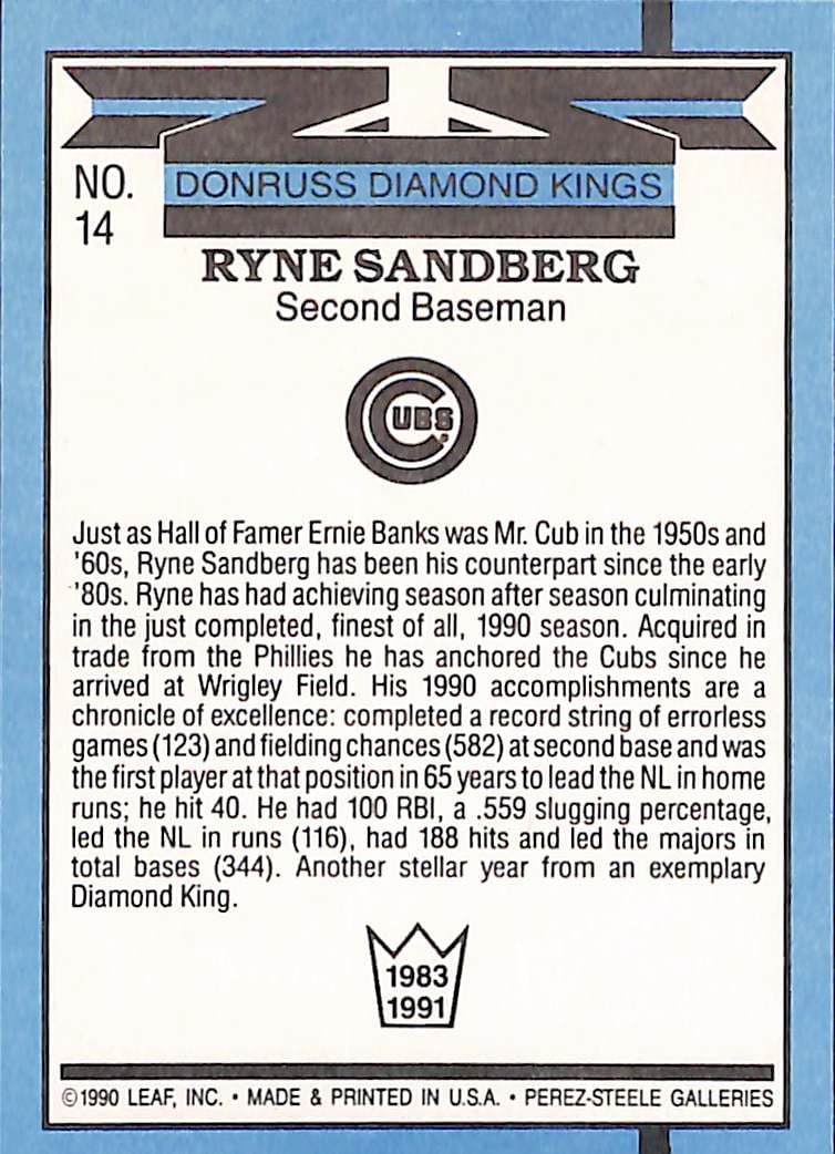FIINR Baseball Card 1990 Donruss Diamond Kings Ryne Sandberg Baseball Error Card #14 - Error Card - Mint Condition