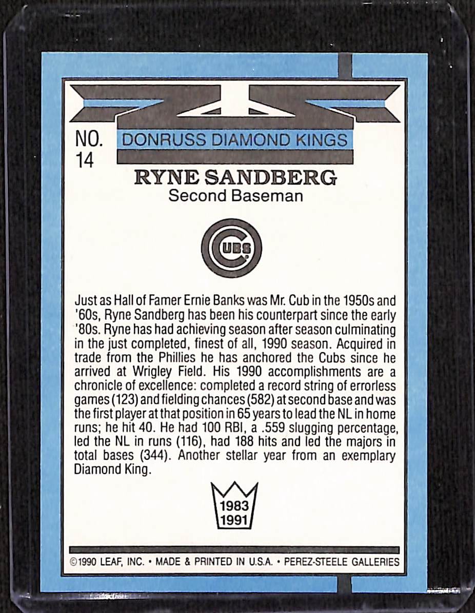 FIINR Baseball Card 1990 Donruss Diamond Kings Ryne Sandberg Baseball Error Card #14 - Error Card - Mint Condition