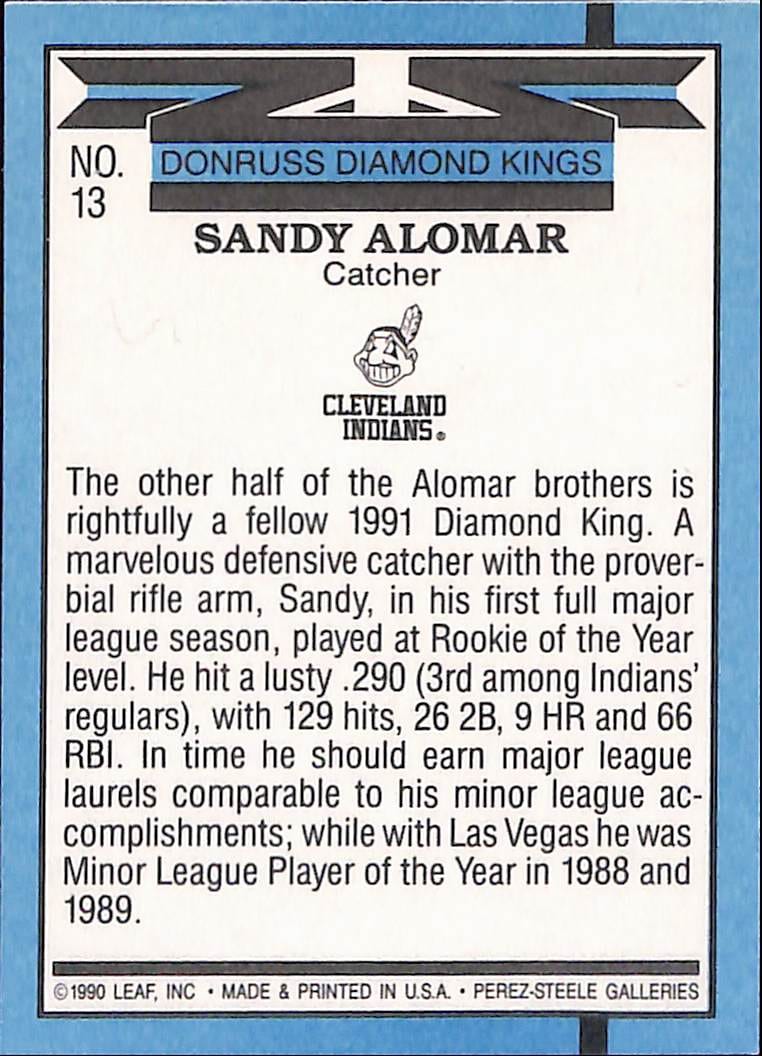 FIINR Baseball Card 1990 Donruss Diamond Kings Sandy Alomar MLB Baseball Error Card #13 - Error Card - Mint Condition