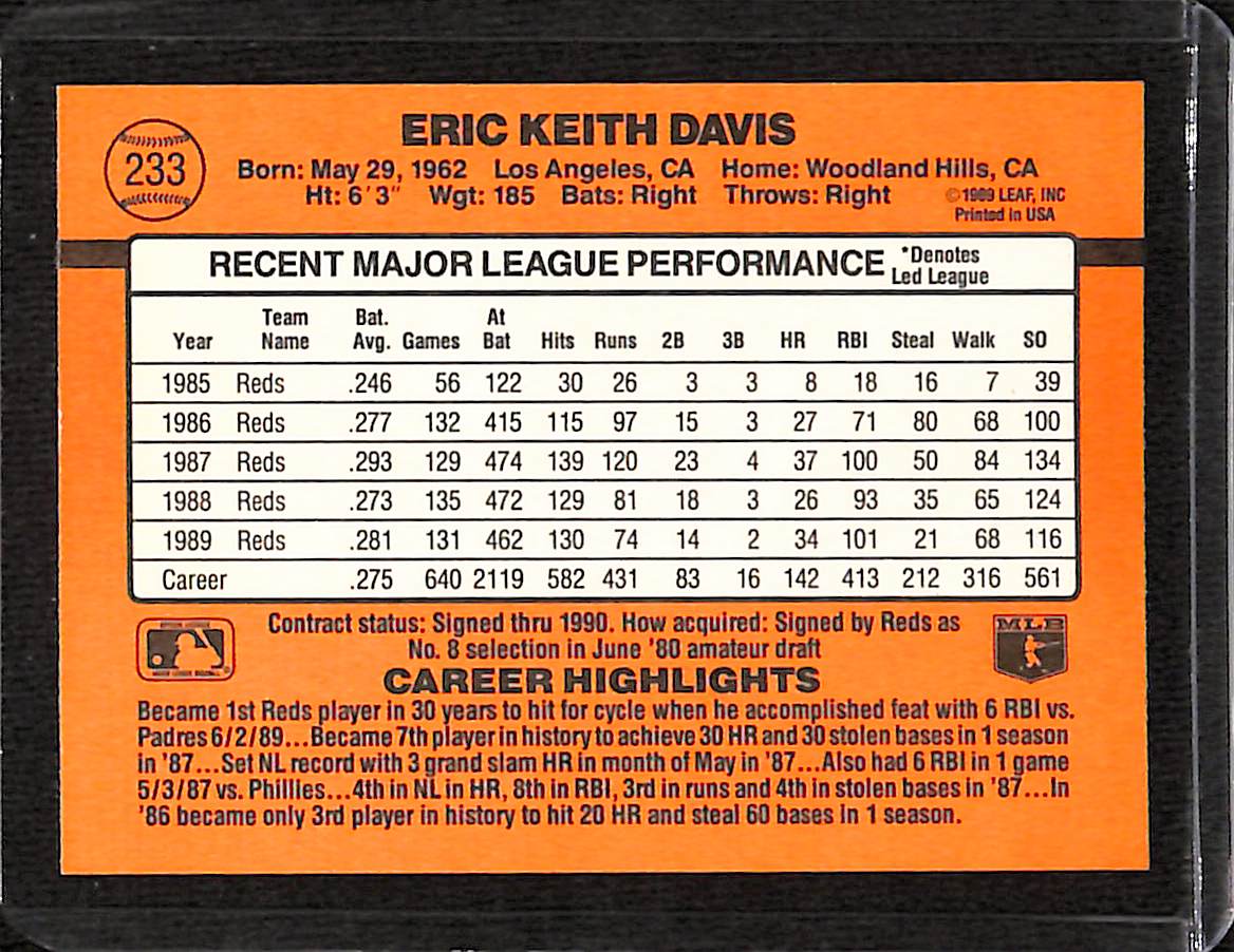 FIINR Baseball Card 1990 Donruss Eric Davis Baseball Player Error Card #233 - Error Card - Mint Condition