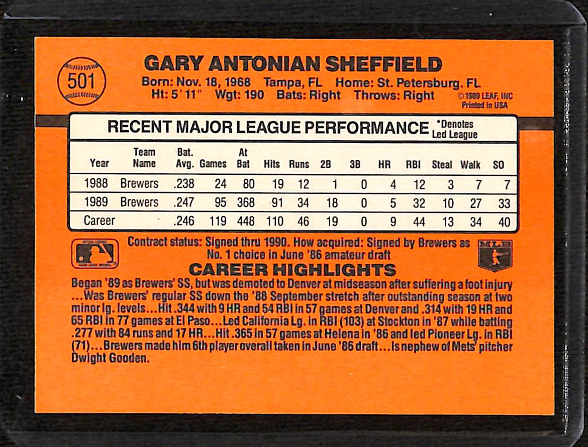FIINR Baseball Card 1990 Donruss Gary Sheffield Baseball Player Card #501 - Error Card - Mint Condition