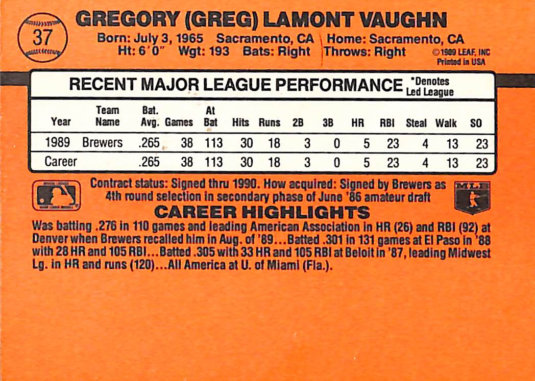 FIINR Baseball Card 1990 Donruss Greg Vaughn MLB Baseball Error Card #37 - Rated Rookie - Error Card - Mint Condition