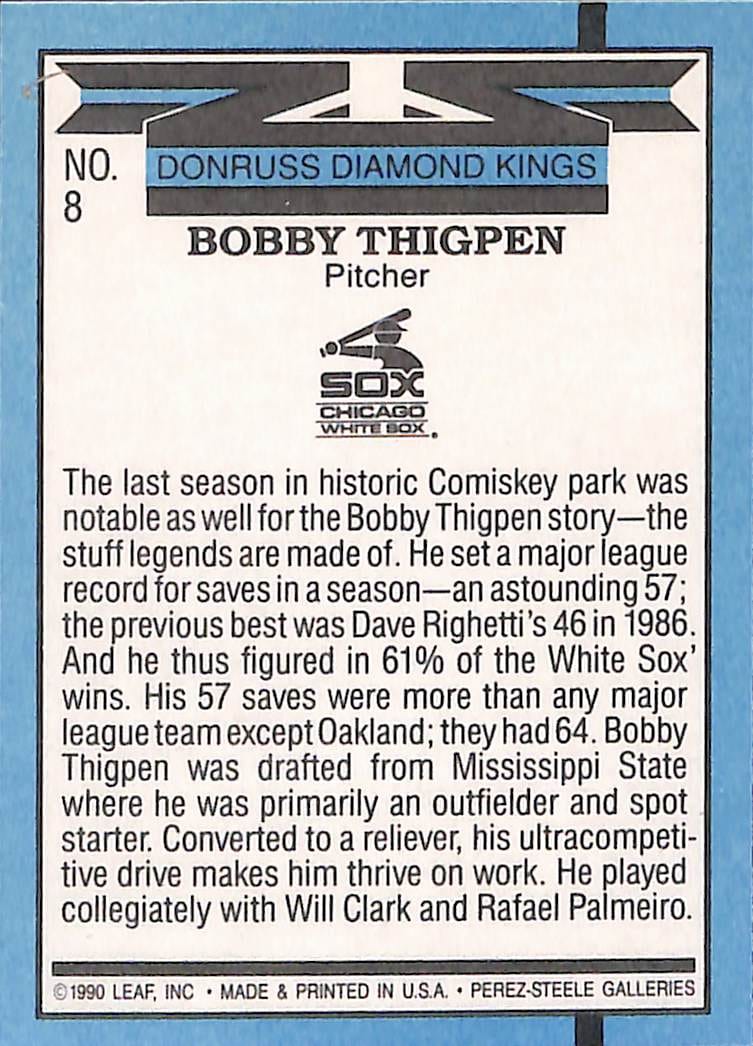 FIINR Baseball Card 1990 Donruss King of Kings Bobby Thigpen MLB Baseball Error Card #8 - Error Card Mint Condition