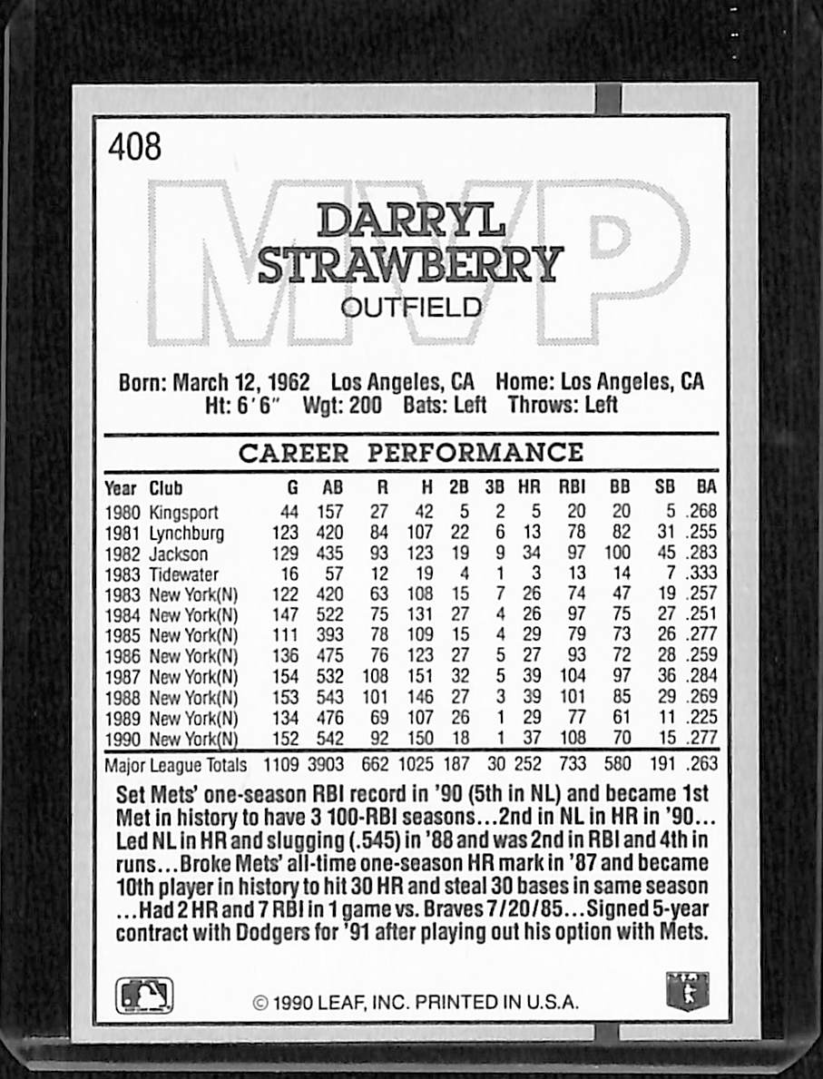 FIINR Baseball Card 1990 Donruss MVP Darryl Strawberry Baseball Card #408 - Mint Condition