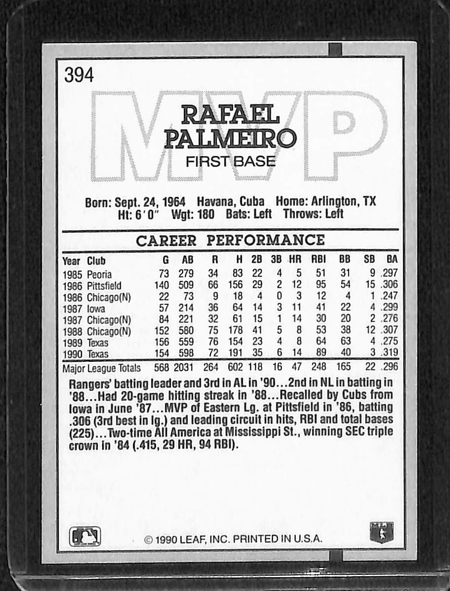 FIINR Baseball Card 1990 Donruss MVP Rafael Palmeiro Vintage MLB Baseball Card #394 - Mint Condition