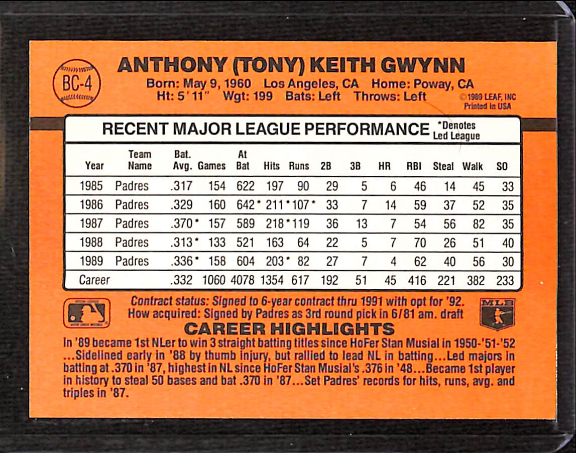 FIINR Baseball Card 1990 Donruss MVP Tony Gwynn Baseball Error Card #BC-4 - Error Card - Mint Condition