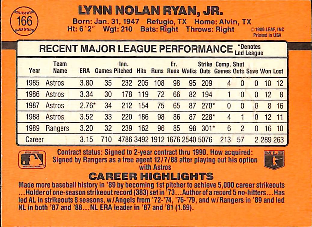FIINR Baseball Card 1990 Donruss Nolan Ryan Baseball Error Card Royals #166 - Error Card - Mint Condition