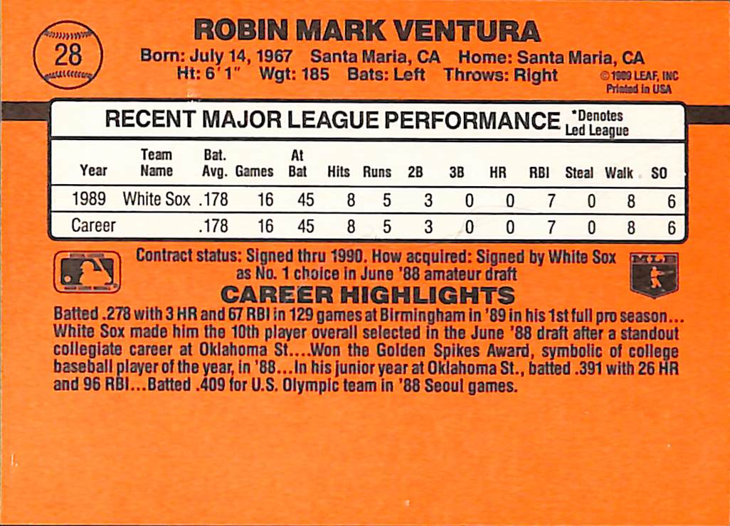 FIINR Baseball Card 1990 Donruss Robin Ventura Rated Rookie Baseball Player Card #28 - Error Card - Mint Condition