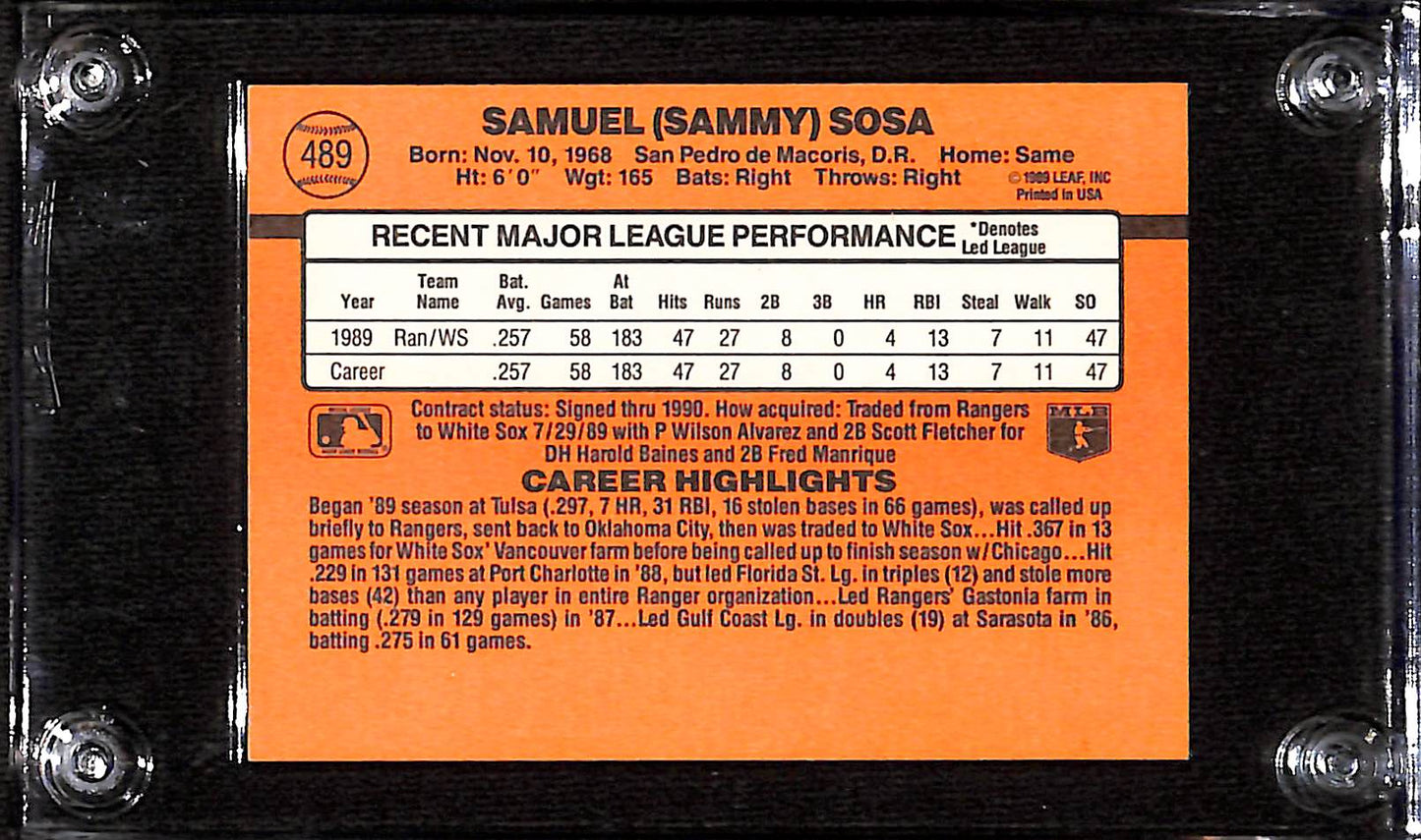 FIINR Baseball Card 1990 Donruss Sammy Sosa Double Error Baseball Card #489 - Rare Double Error Card - Mint Condition