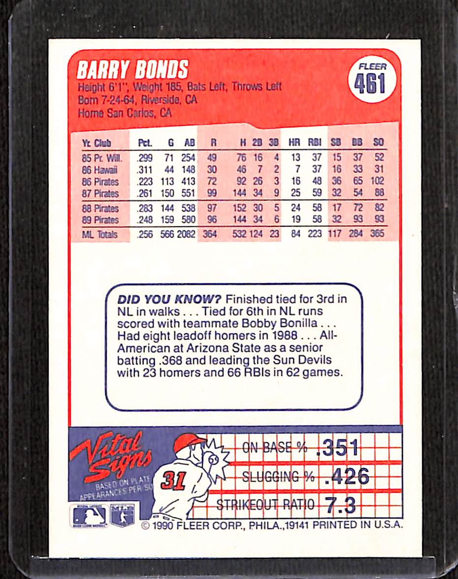 FIINR Baseball Card 1990 Fleer Barry Bonds Baseball Card #461 - Mint Condition