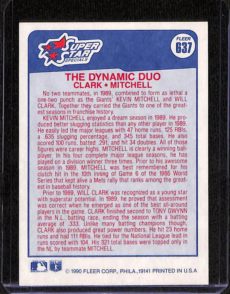 FIINR Baseball Card 1990 Fleer Dynamic Duo Will Clark and Kevin Mitchell MLB Baseball Player Card #637- Mint Condition