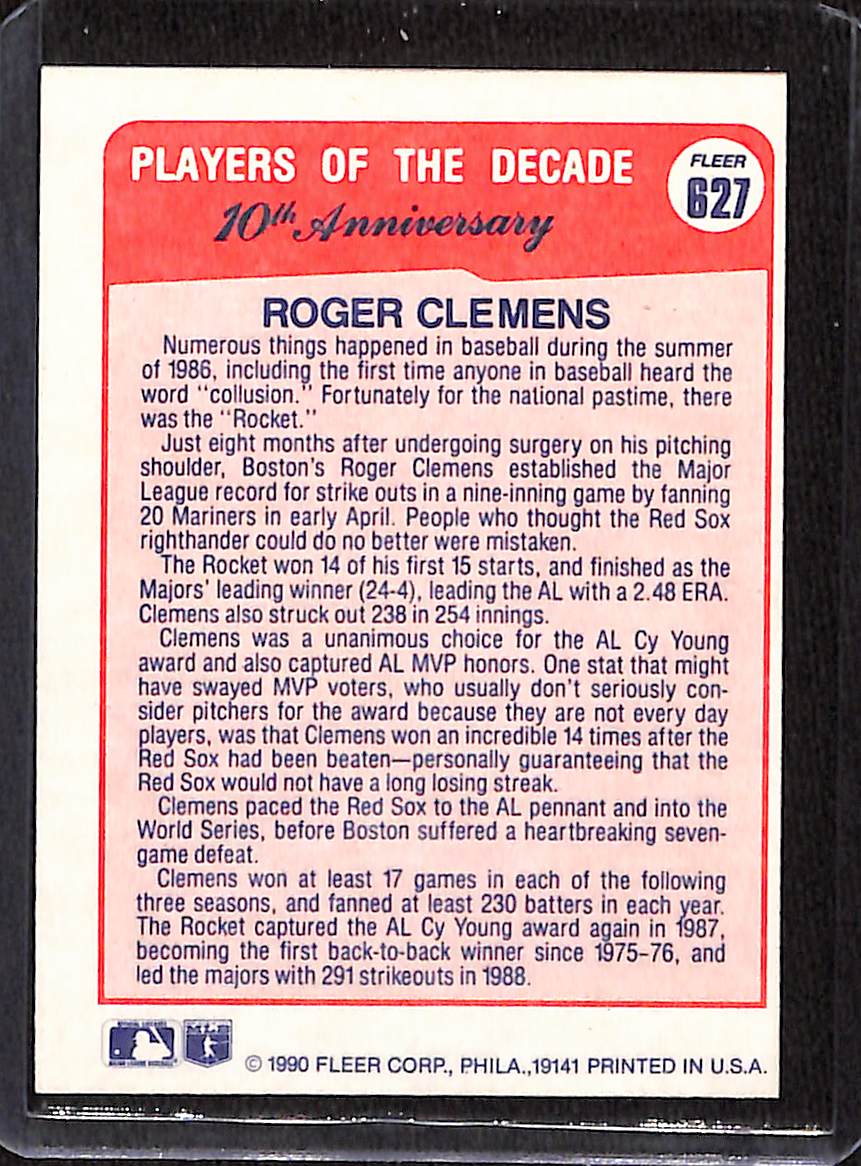 FIINR Baseball Card 1990 Fleer Players of the Decade Roger Clemens Baseball Error Card #627 - Miss Cut - Mint Condition