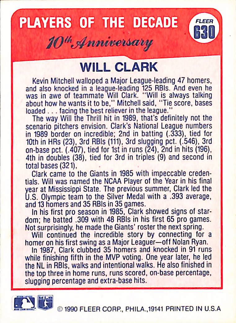 FIINR Baseball Card 1990 Fleer Players of the Decade Will Clark MLB Baseball Player Card #630 - Ok Condition
