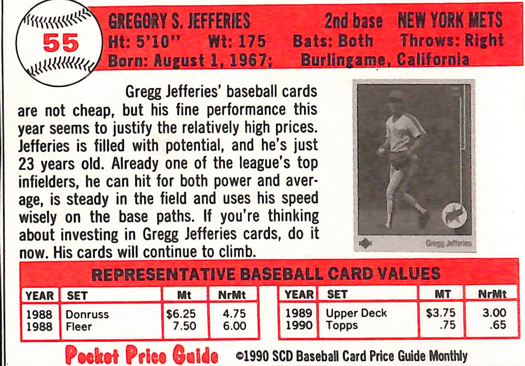 FIINR Baseball Card 1990 Pocket Price Guide Gregg Jefferies MLB Baseball Card #55 - Mint Condition