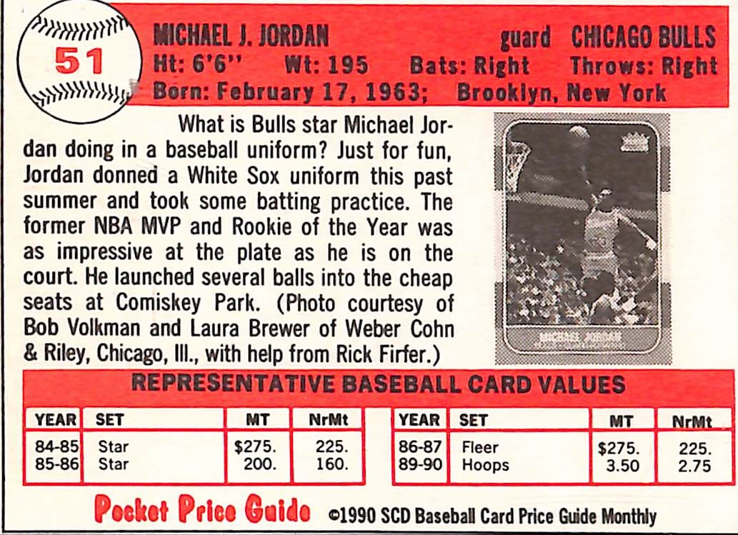 FIINR Baseball Card 1990 Scd Michael Jordan MLB Baseball Card #51 - Pristine - Mint Condition