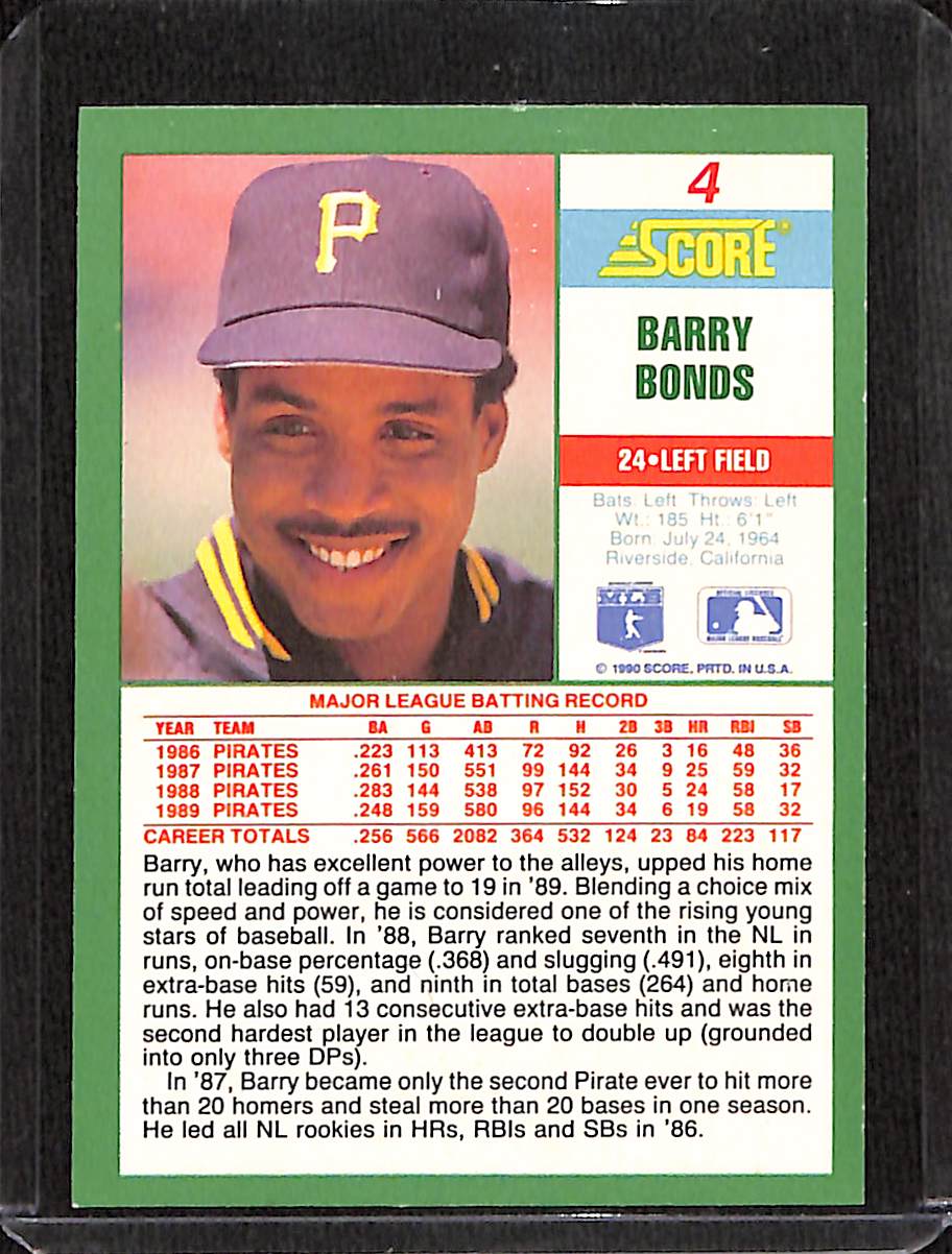 FIINR Baseball Card 1990 Score Barry Bonds Baseball Card #4 - Mint Condition