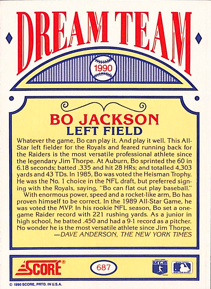 FIINR Baseball Card 1990 Score Bo Jackson Baseball Card Royals #687 - Mint Condition